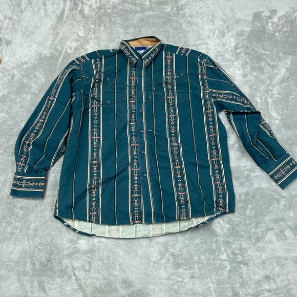 Vintage Wrangler Western Shirt XXL Teal Striped Long Sleeve Snap Button 6324 - Picture 1 of 8